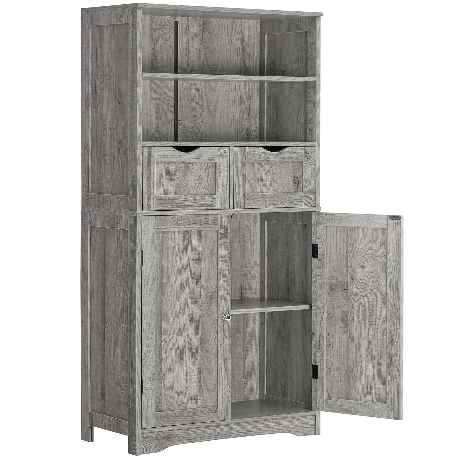 Iwell Tall Storage Cabinet with 2 Drawers & Adjustable Shelves - Bathroom Cabinet with Doors, Cupboard Organizer for Living Room, Dining Room, Entryway - Grey - Perfect for Home Organization & Small Space Storage Solutions