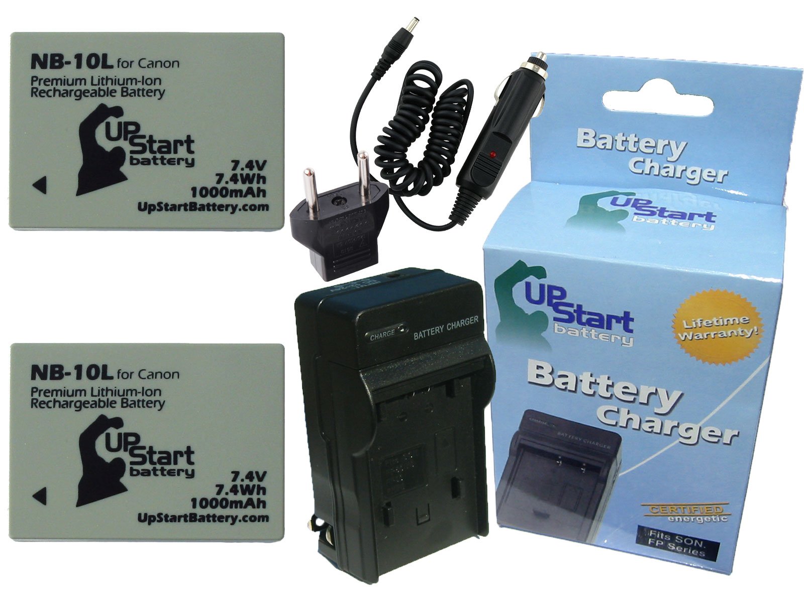 2 Pack Replacement Battery & Charger for Canon SX40 HS Digital Camera - Compatible with Canon NB-10L (1000mAh 7.4V Li-ion) with Car & EU Adapters - Perfect for Travel, Photography & Backup Power