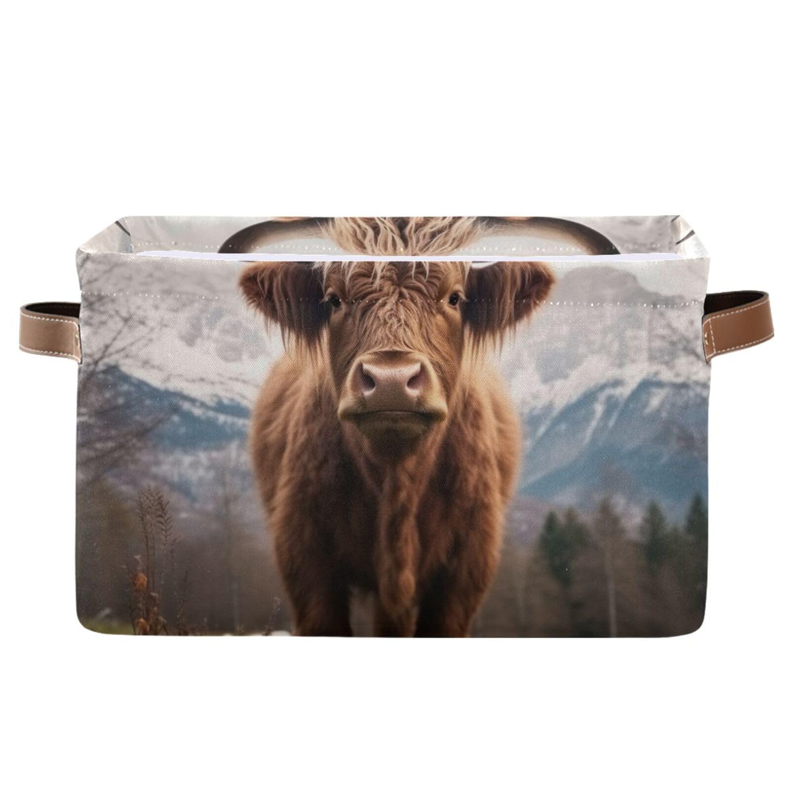 Highland Cows Foldable Storage Baskets - 2 Pack Rectangle Canvas Fabric Organizer Boxes with Handles for Clothes, Home & Office Organization | Perfect for Closet Shelves, Bedroom Decor and Laundry Storage