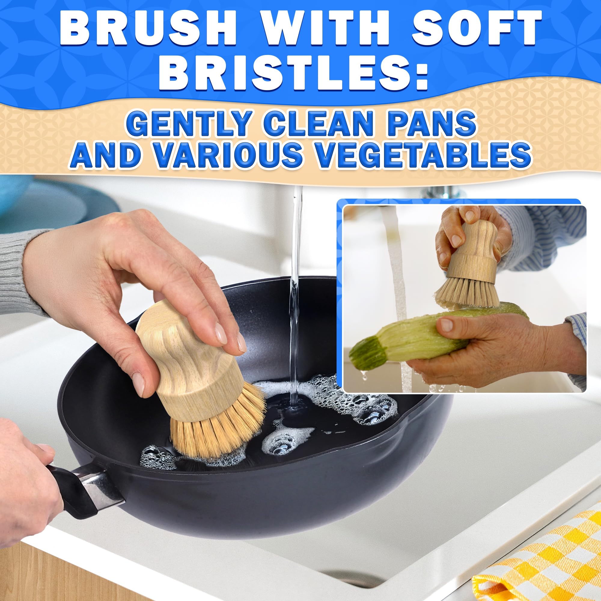 5Pcs Eco-Friendly Bamboo Dish Brush Set - Wooden Scrub Brush for Kitchen, Pots & Pans - Natural Dishwashing Brush with Ergonomic Handle - Perfect for Sustainable Cleaning & Zero Waste Lifestyle