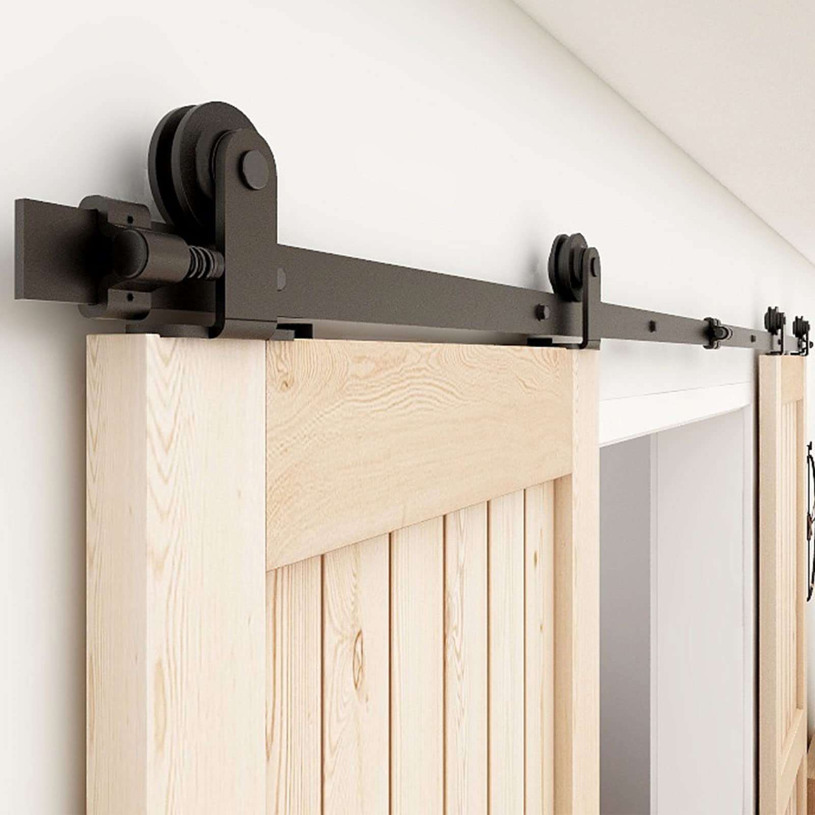 7FT Heavy Duty Sliding Barn Door Hardware Kit - T-Shaped Track for Double Doors - Black Finish - Perfect for Bedroom, Closet & Farmhouse Style Homes