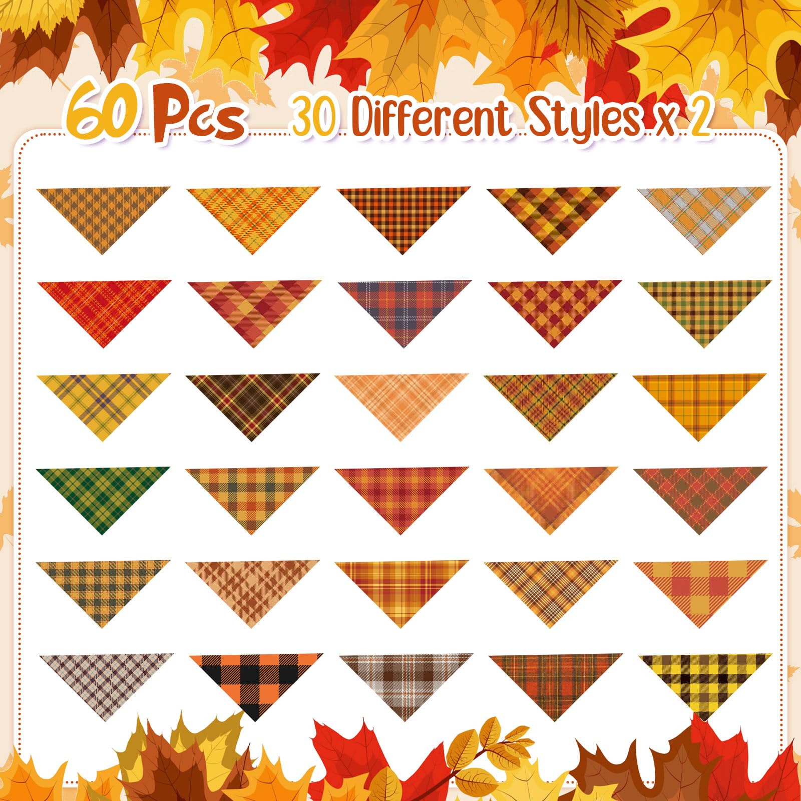 Sweetude 60 Pcs Fall Thanksgiving Plaid Dog Bandanas - Bulk Adjustable Washable Pet Scarves for Small to Large Dogs & Cats - Thanksgiving Pet Costume Accessories & Grooming Supplies - Perfect for Holiday Photos, Parties & Seasonal Decor