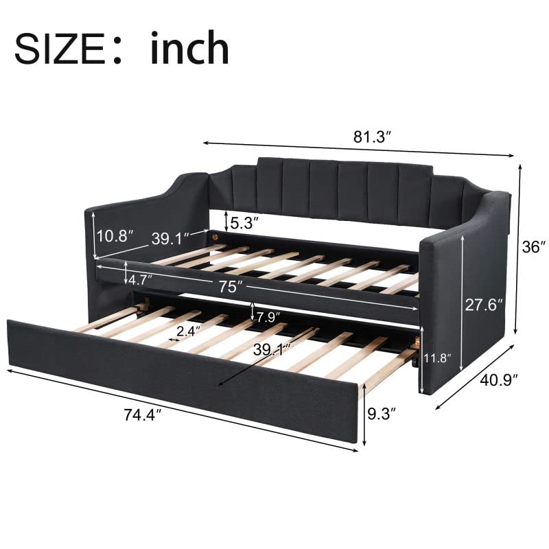 SOFTSEA Twin Daybed with Trundle - Upholstered Sofa Bed with Wood Frame & Swooping Arms, No Box Spring Needed - Perfect for Guest Rooms, Small Spaces & Dorm Rooms (Black)