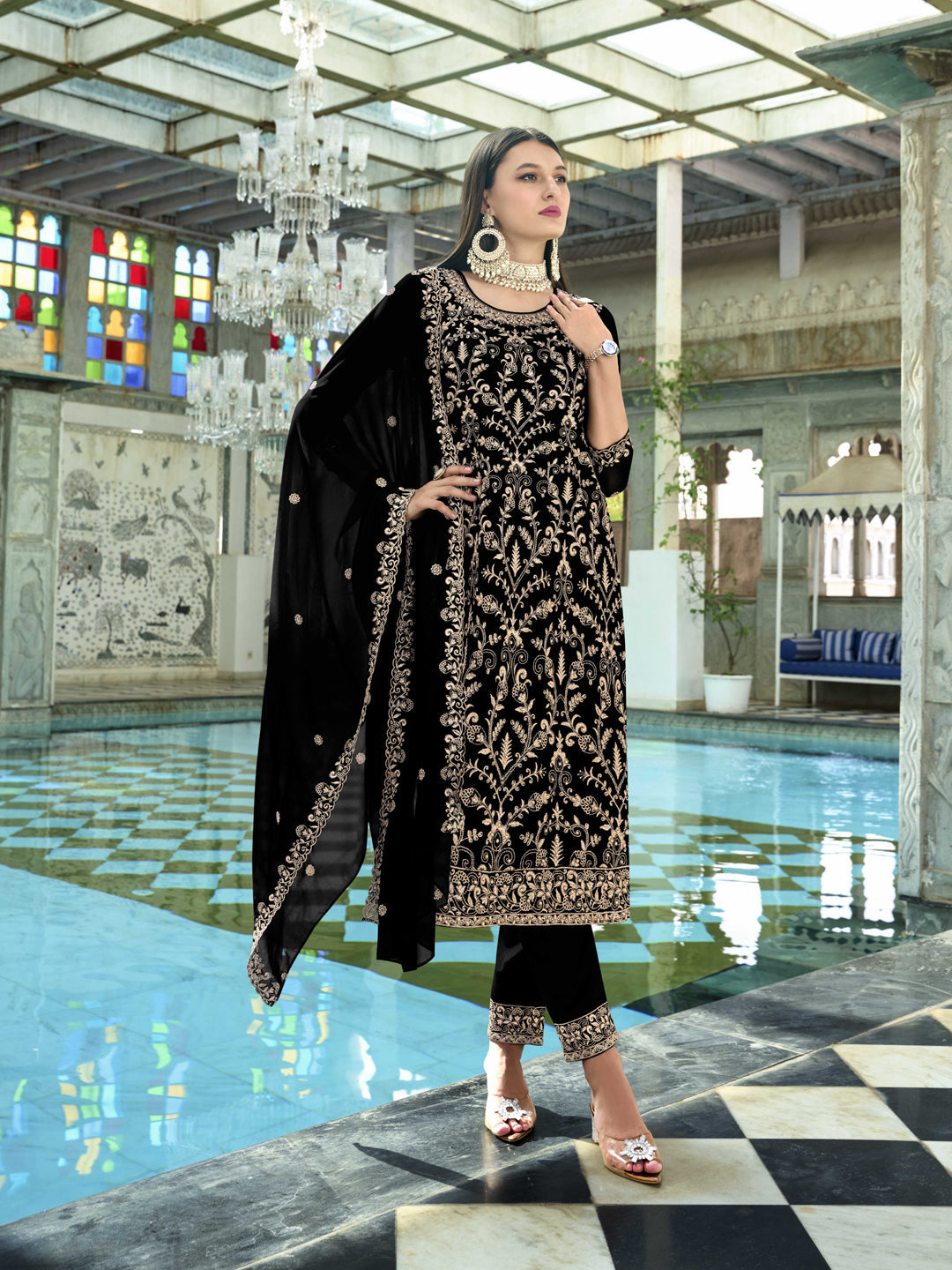 Elegant Black Faux Georgette Pant Suit with Intricate Embroidery - Perfect for Weddings, Parties & Formal Events