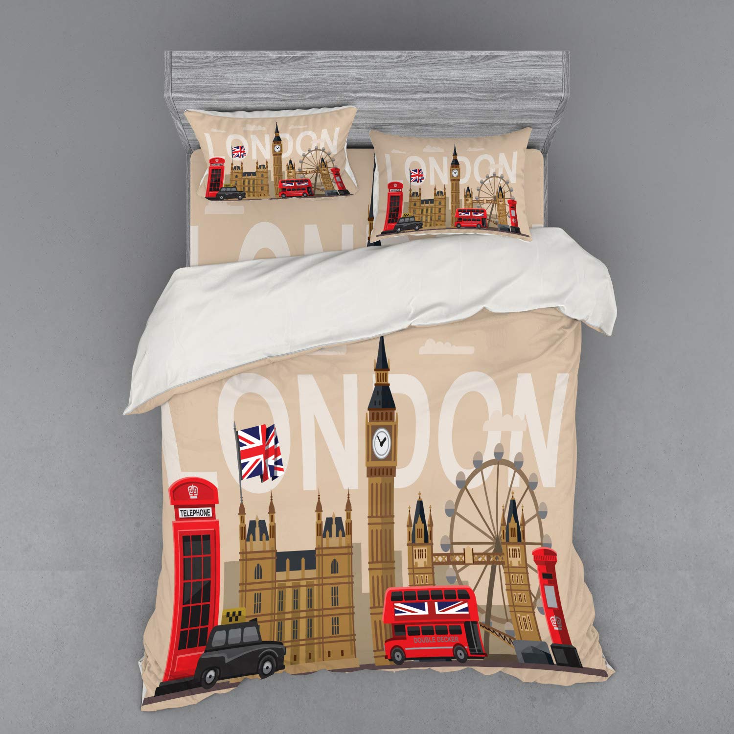 Ambesonne London Duvet Cover Set | Famous British Landmarks & Monuments Art Print | 4-Piece Bedding Set with Pillow Shams & Fitted Sheet | California King Size | Multicolor Travel-Themed Design | Perfect for Home Decor, Guest Rooms & Travel Enthusiasts