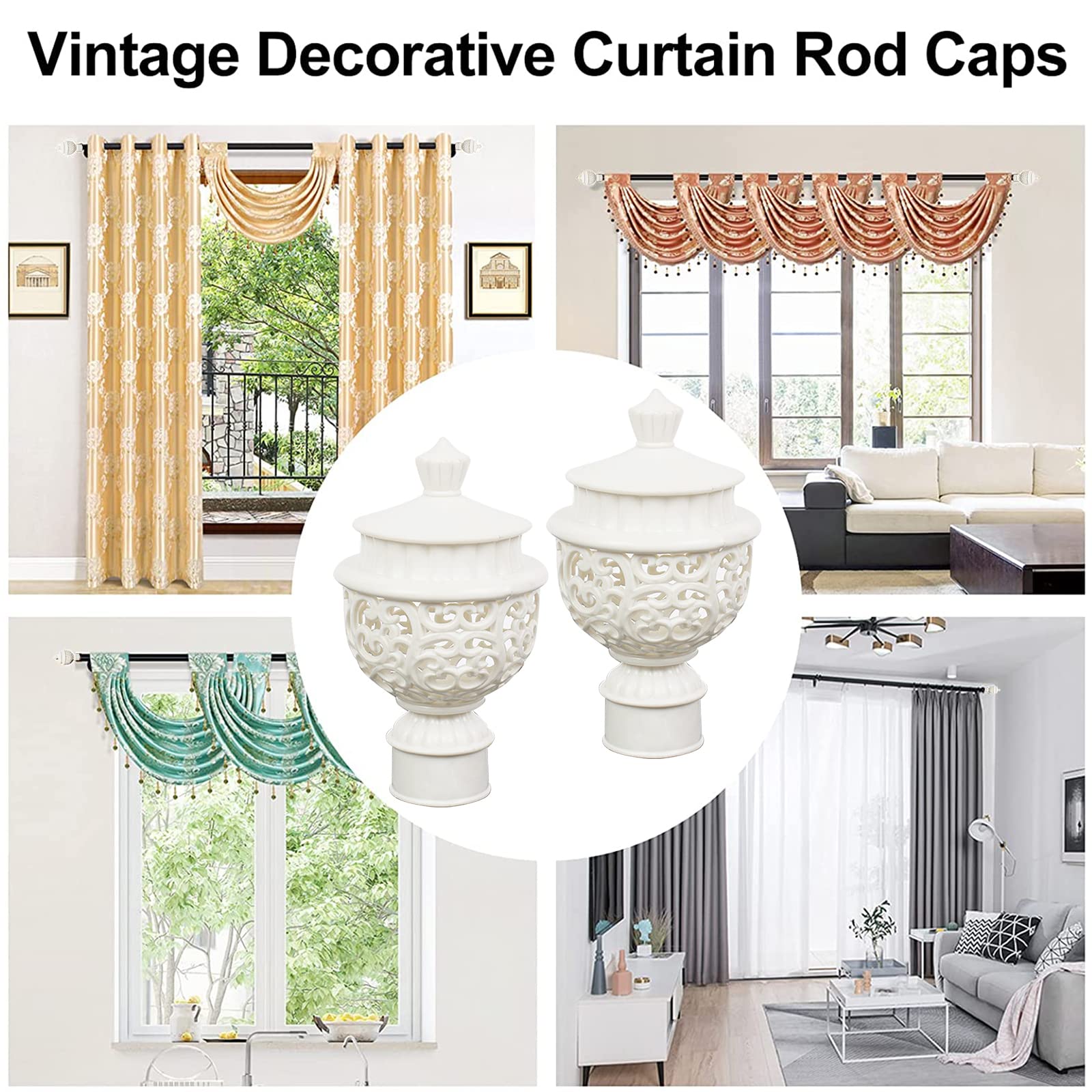 6Pcs White Hollow Lantern Plastic Curtain Finials for 28mm Drapery Rods - Decorative Window Curtain Rod End Caps for Living Room, Bedroom & Home Decor