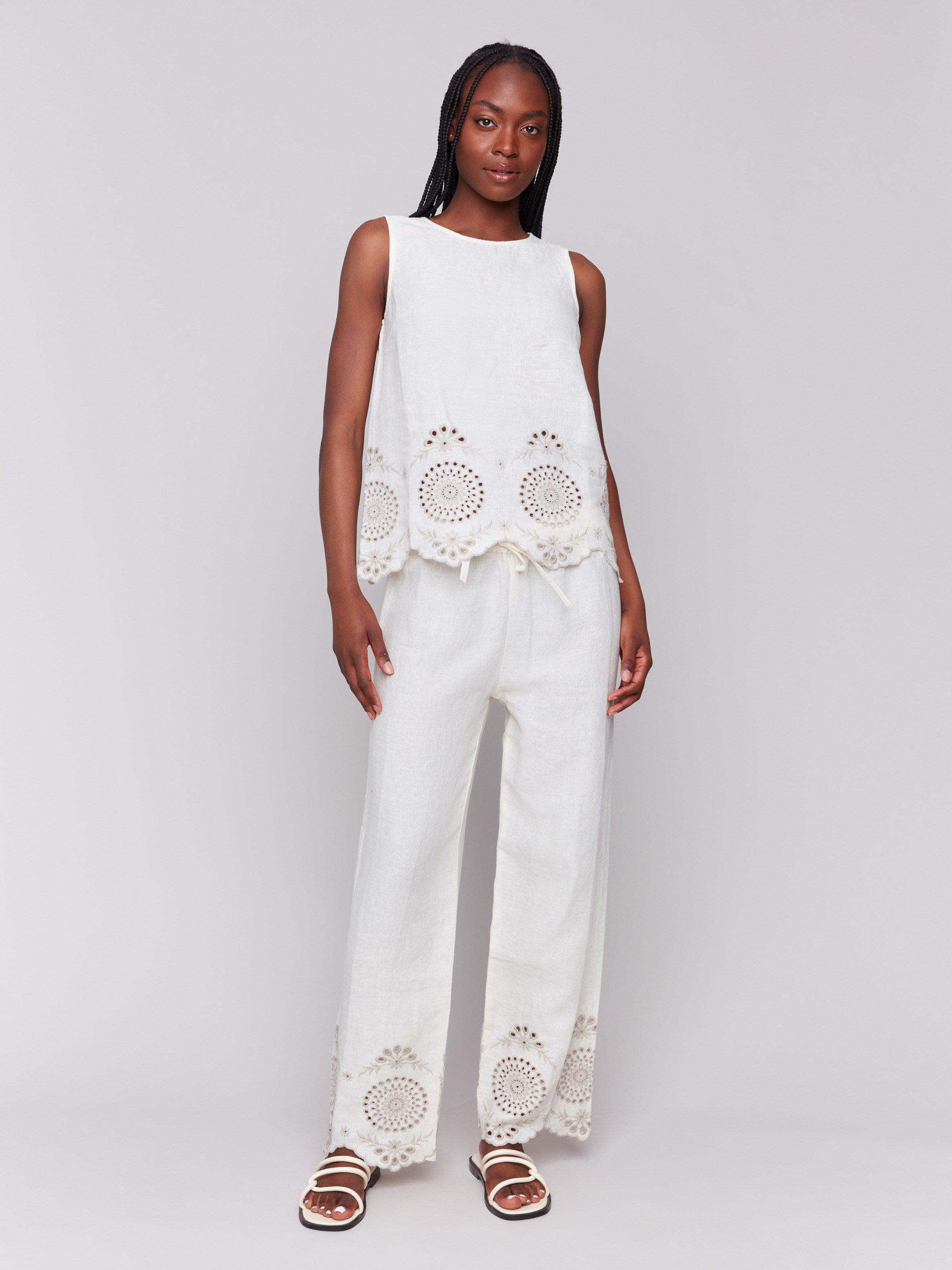 Breathable Sleeveless Linen Top with Eyelet Embroidery - Natural Color Summer Blouse for Women | Perfect for Beach Vacations, Casual Outings & Boho Style Fashion