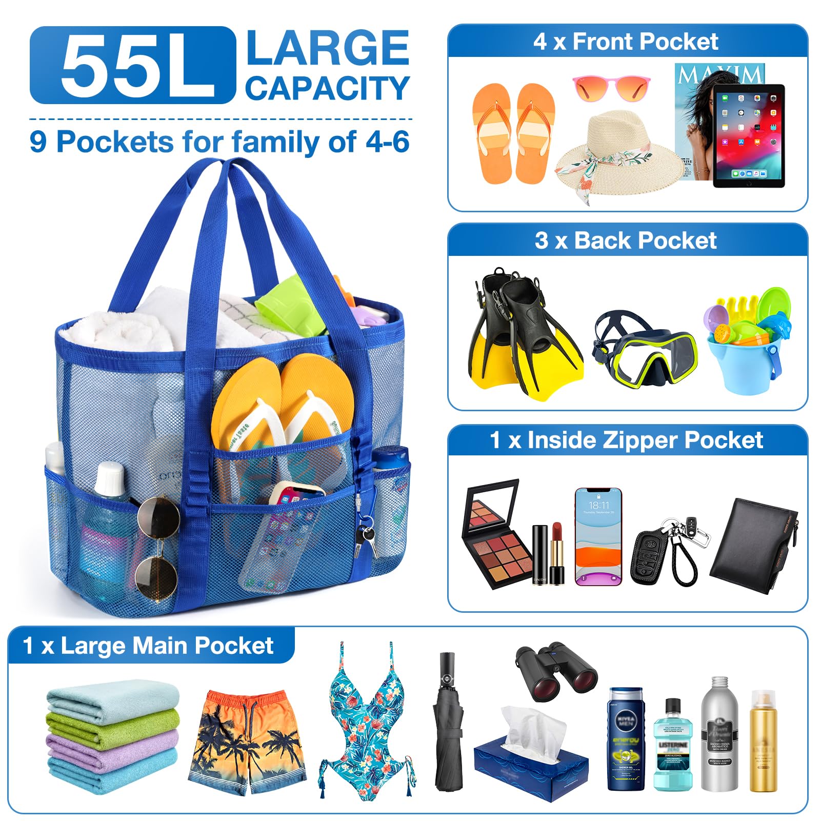 KPX Large Mesh Beach Bag for Women - Foldable Waterproof & Sandproof Tote with Mini Pockets - Perfect for Swimming Pool, Beach Vacation, and Summer Travel Accessories