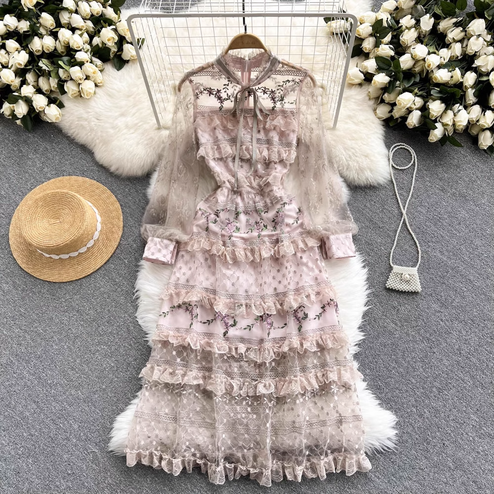 Elegant Autumn Sweet Lace Midi Fairy Dress for Women - Vintage 1810 Style Romantic Tea Party, Wedding Guest, or Halloween Costume