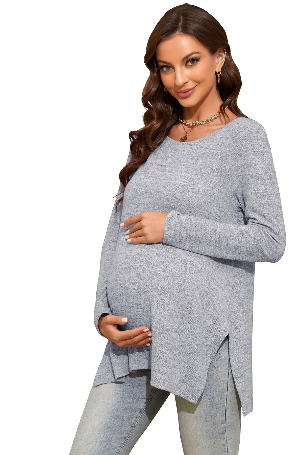 Smallshow Women's Maternity Shirts - Side Split Long Sleeve Pregnancy Tops for Nursing & Everyday Comfort | Perfect for Work, Casual Wear & Maternity Photos