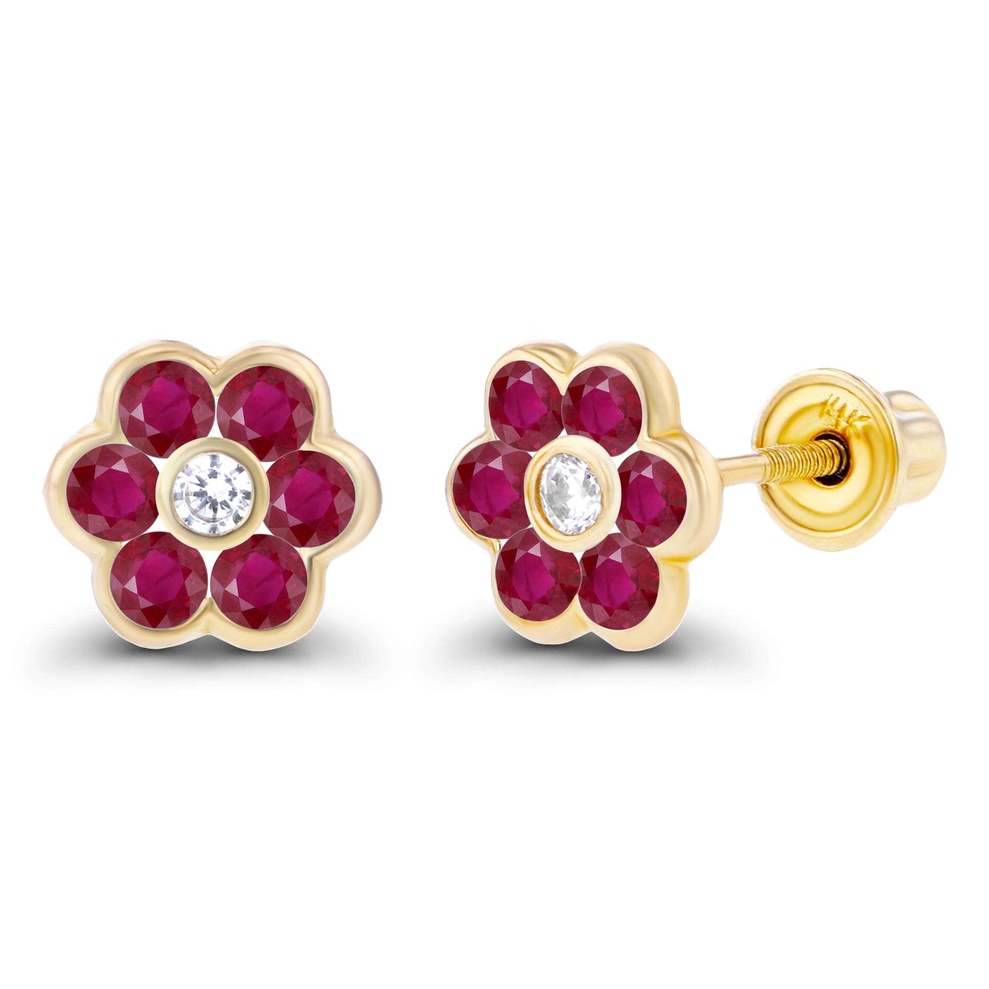 14K Gold Bezel 6mm Natural Birthstone Screwback Stud Earrings for Women | 1.75mm Birthstone & 1.25mm White Sapphire Halo Earrings | Perfect for Birthdays, Anniversaries & Everyday Elegance