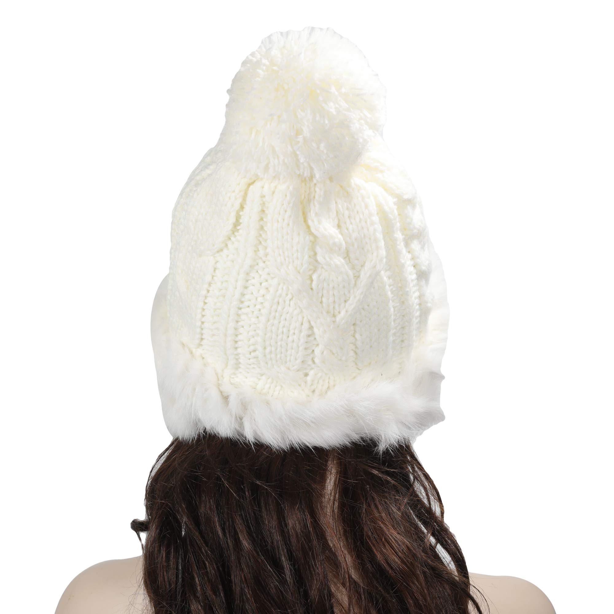 ZLYC Women's Winter Rabbit Fur Knit Beanie Hat with Earflaps - Warm Fleece Lined Bobble Cap for Cold Weather, Outdoor Activities & Fashion Accessory