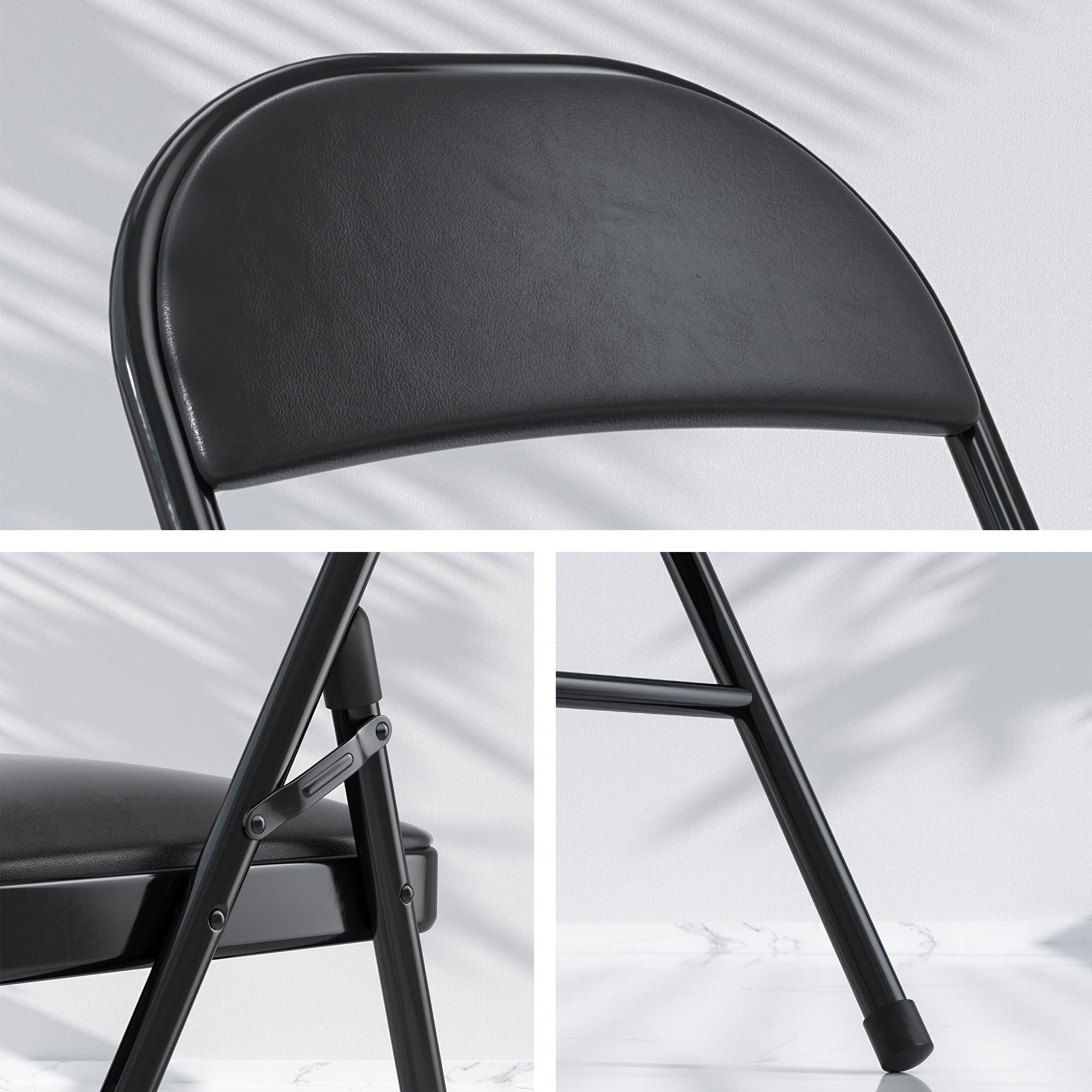 VECELO 4-Pack Folding Chairs with Ultra Soft PU Cushion - Portable Metal Frame for Home, Office, Outdoor, Camping, Picnic, Events - Black Square Design