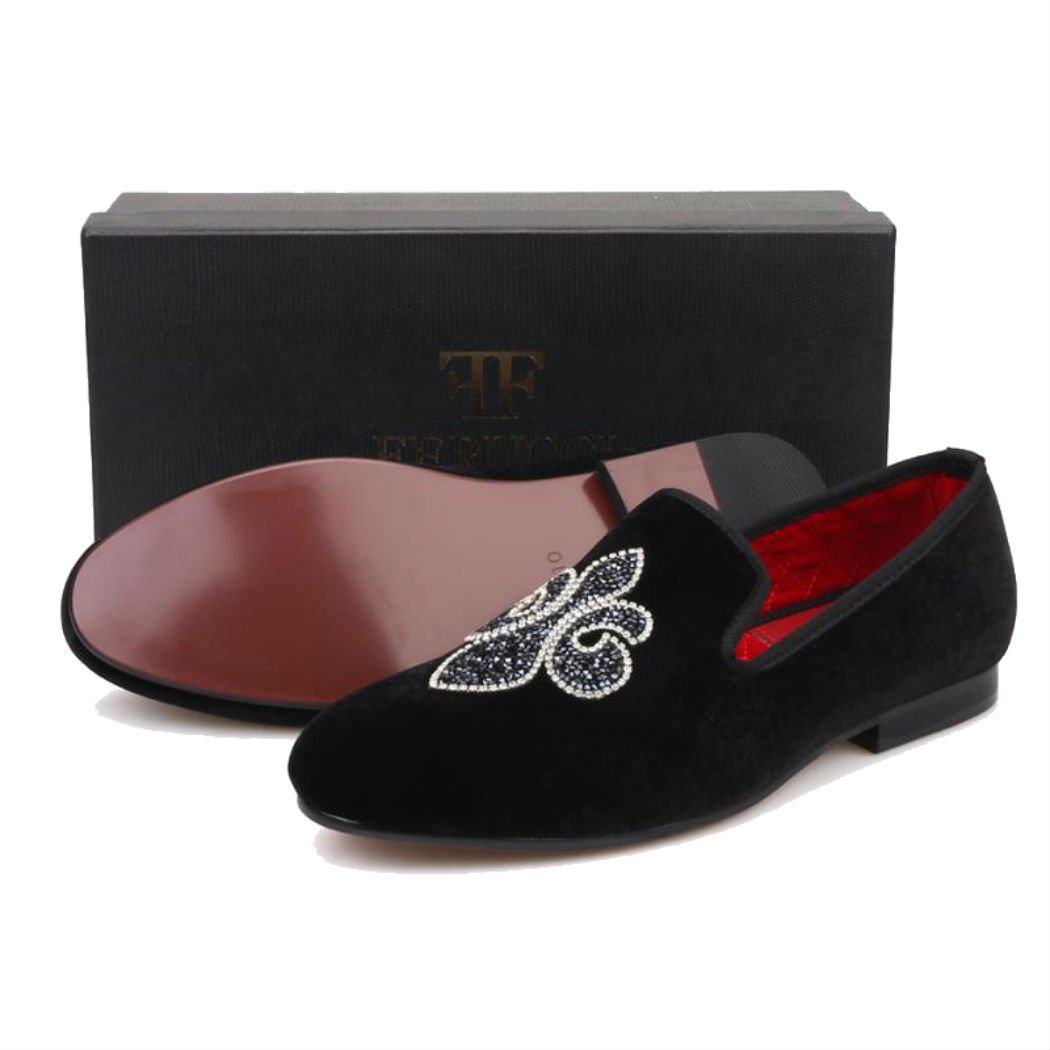 FERUCCI Handmade Men's Black Velvet Slippers - Crystal Embroidered Loafers for Indoor & Outdoor Comfort | Perfect for Home, Hotel & Lounge Wear