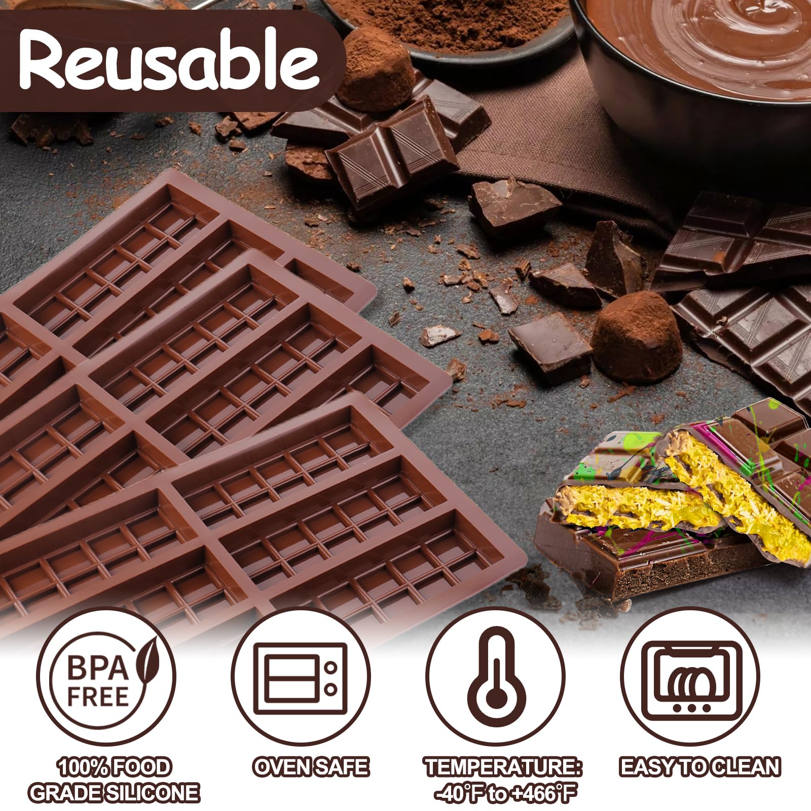 AIERSA 3-Pack Deep & Thick Silicone Chocolate Bar Molds - 10 Grids for Duubai, Pistachio, Knafeh Chocolate Bars & Candy Stuffed Bars | Perfect for Homemade Chocolates, Candy Making & Gift Packaging