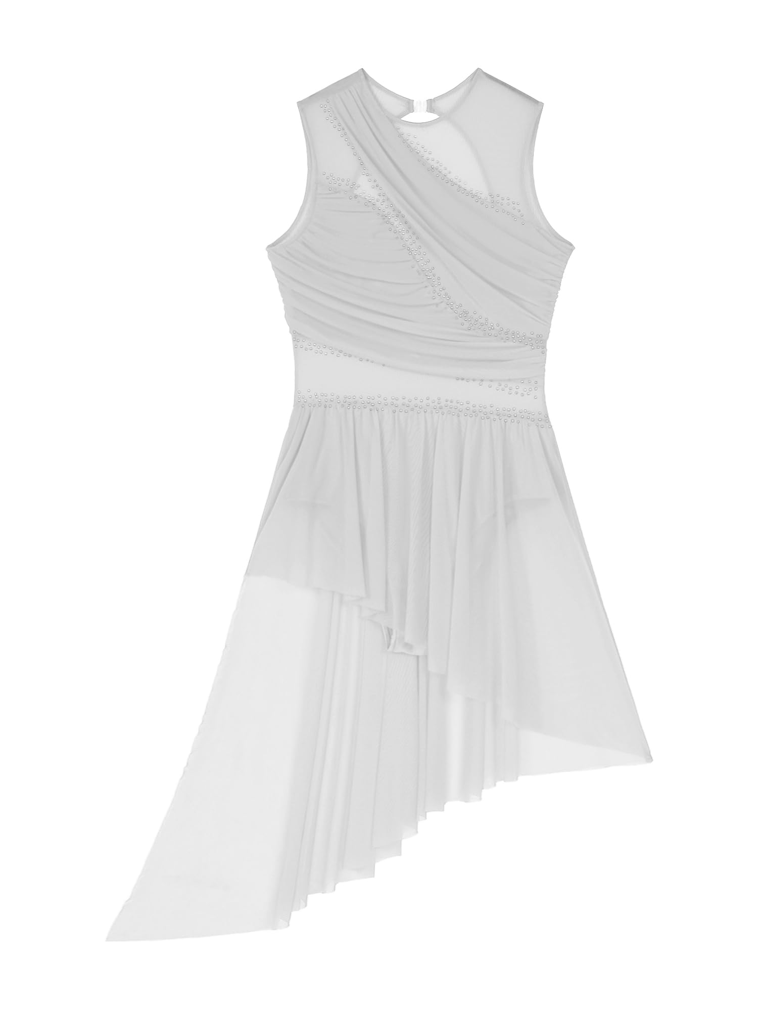 iiniim Women's Shiny Rhinestone Sheer Mesh Ice Skating Dress - Elegant Keyhole Back Lyrical Dance Costume for Performances, Competitions, Stage Shows, Recitals, and Gymnastics