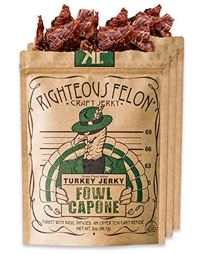 Righteous Felon Basil Infused Turkey Jerky - All Natural, Hormone & Preservative Free, High Protein, Low Sugar Healthy Snack - 3 Pack for Hiking, Camping & On-the-Go Nutrition
