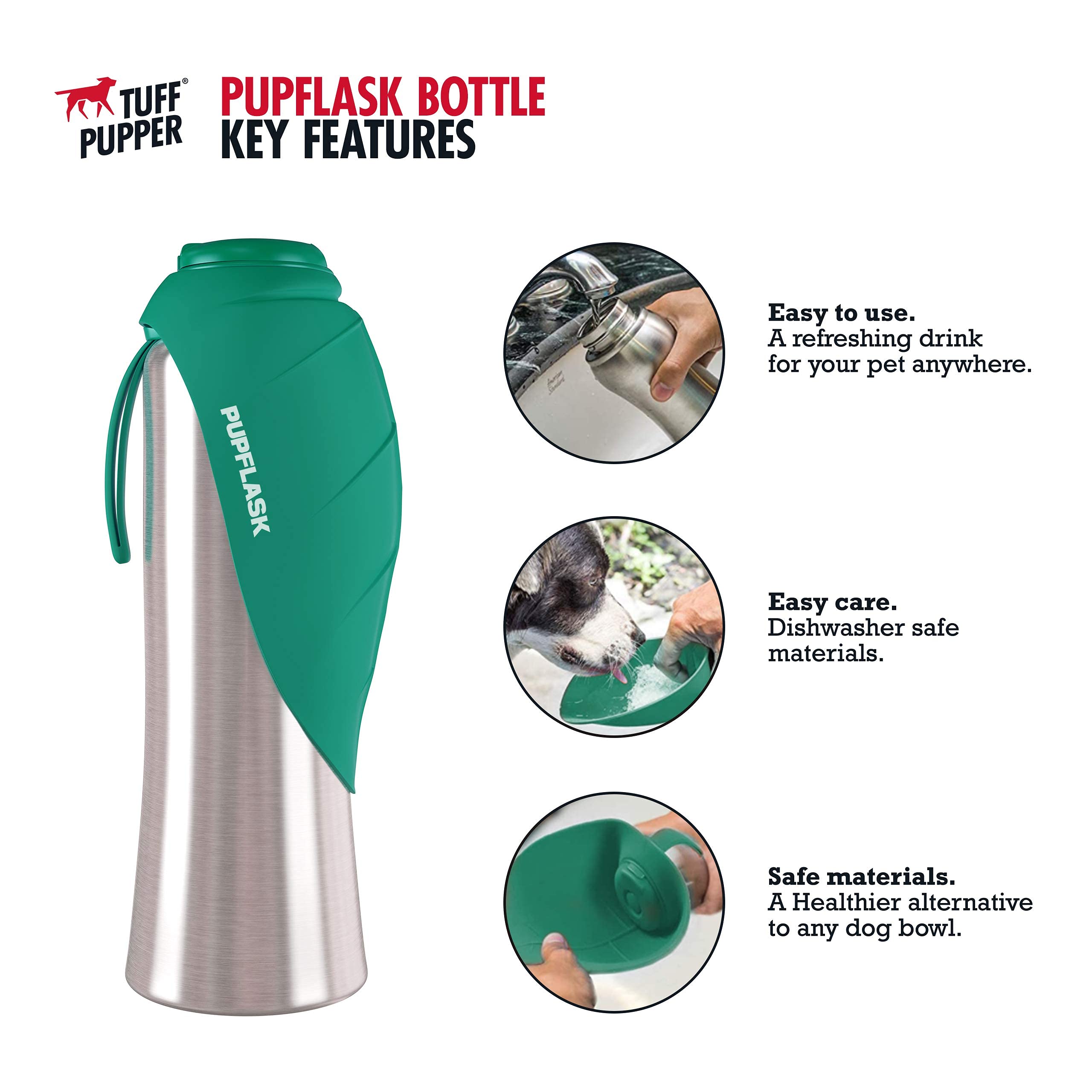 Tuff Pupper 40oz Dog Water Bottle Holder with PupFlask - Portable Pet Water Bottle for Hiking, Walking & Outdoor Adventures (Green)