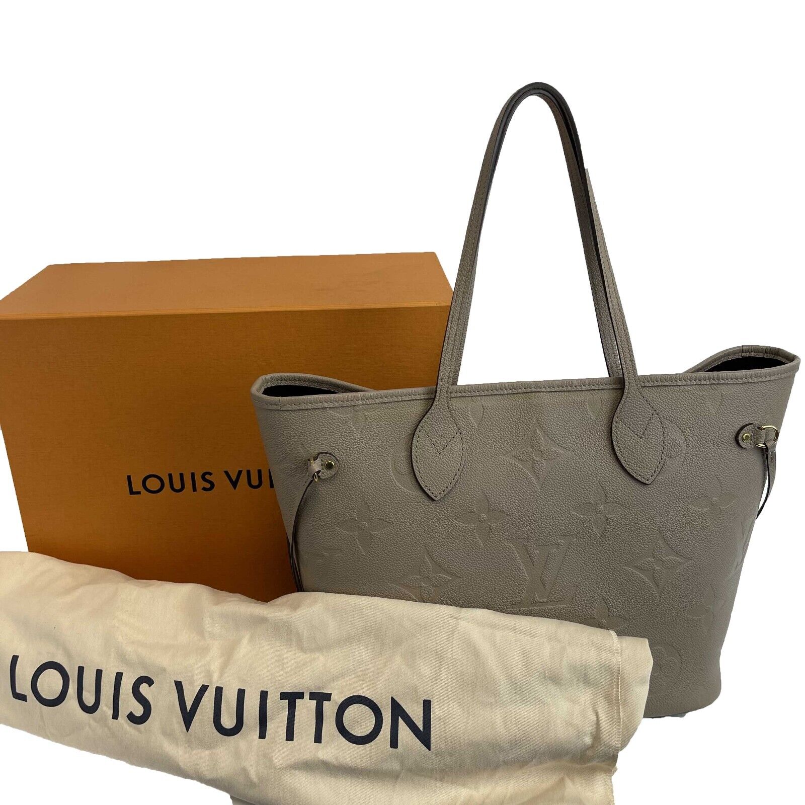 Louis Vuitton Neverfull MM Embossed Leather Tote Bag in Turtledove/Taupe with Pouch - Luxury Designer Handbag for Women, Perfect for Work, Travel & Everyday Use