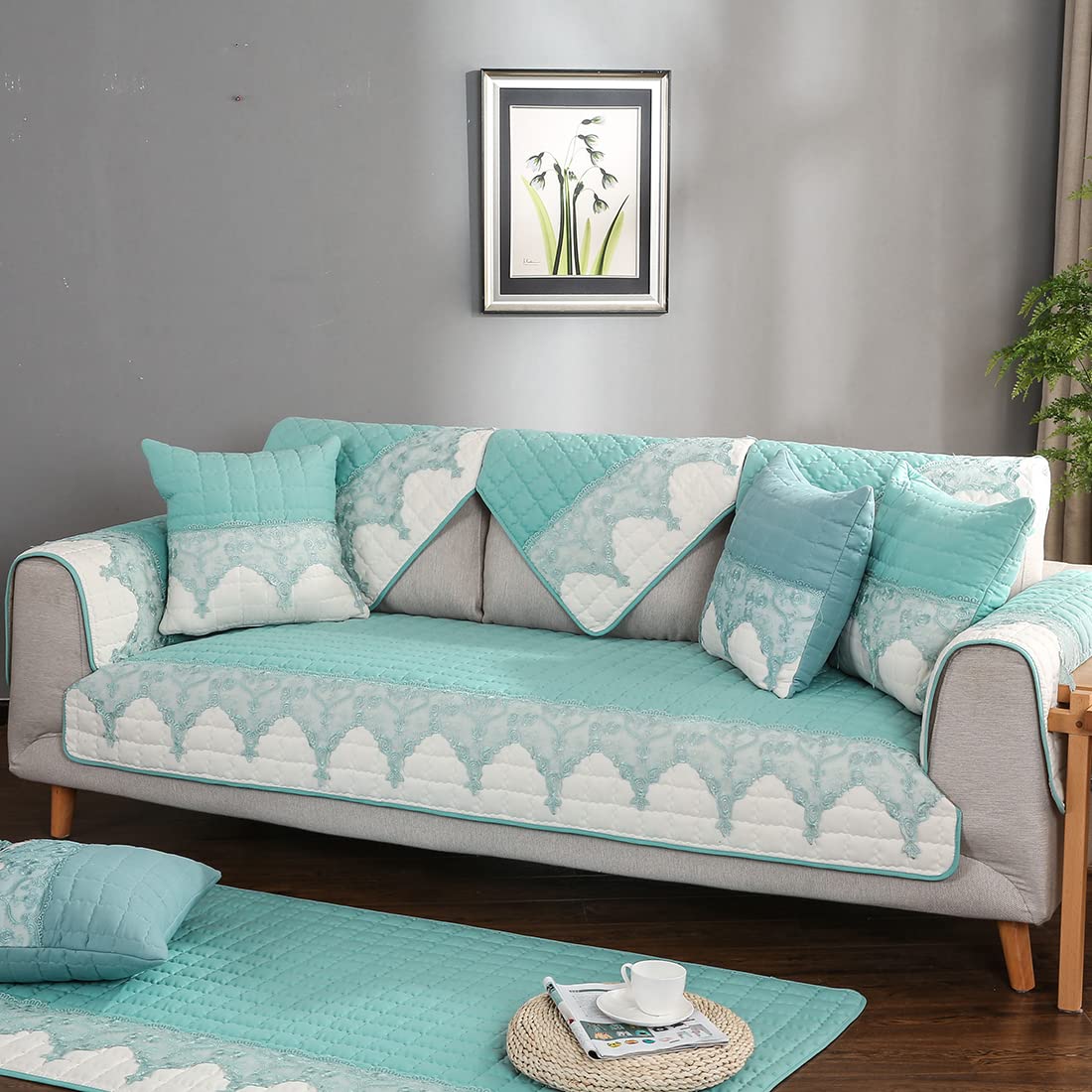 VCTOPS Embroidered Lace Sofa Cover - Quilted Sectional Couch Slipcover, Non-Slip Pet-Friendly Furniture Protector for Dogs & Cats - Fits Love Seat, Recliner & L-Shaped Leather Sofas (Green, 28
