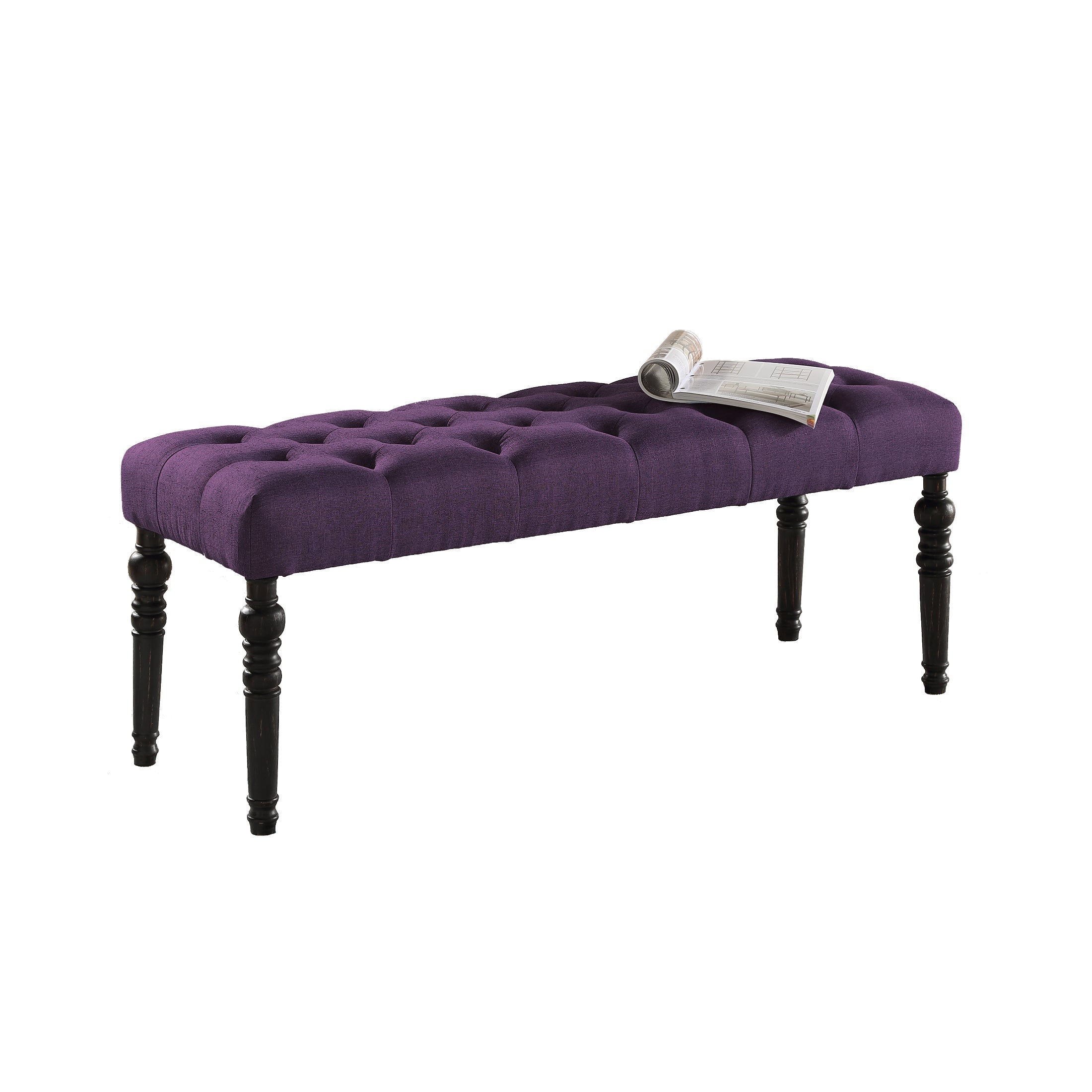 Roundhill Furniture Leviton Fabric Tufted Turned Leg Dining Bench - Purple Upholstered Seat with Sturdy Wooden Legs | Perfect for Kitchen Tables, Breakfast Nooks & Dining Room Decor
