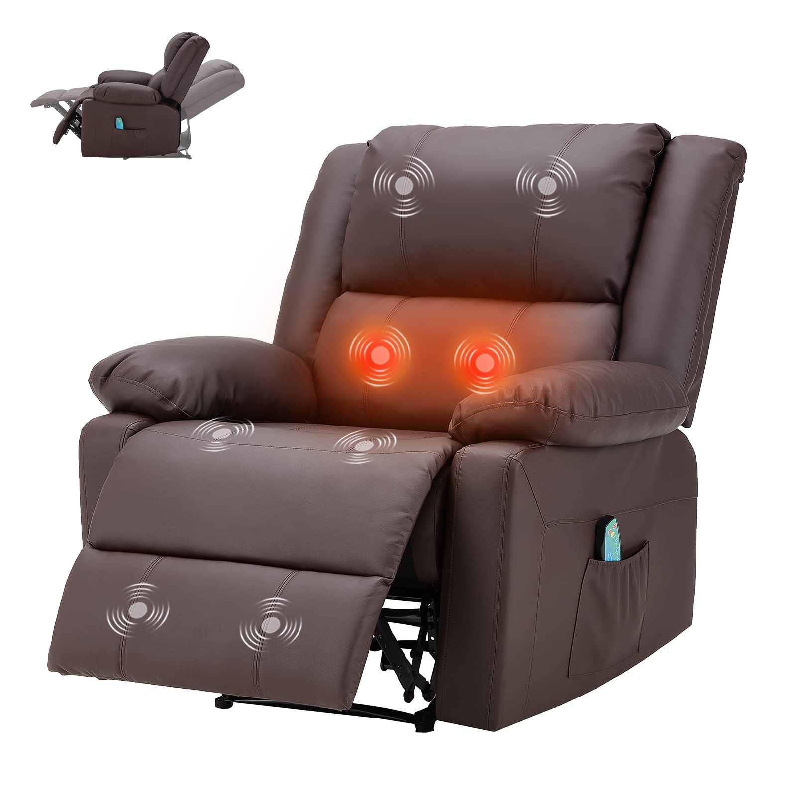 Premium Massage Recliner Chair with Heat Function - 360° Swivel & Rocking Motion, Faux Leather Living Room Sofa for Adults, Home Theater Seating with Convenient Side Pockets (Brown) - Perfect for Relaxation, Movie Nights & Living Room Comfort
