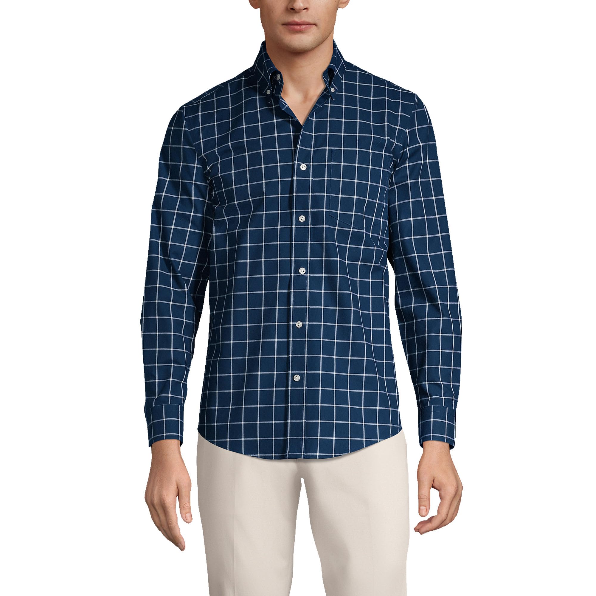 Lands' End Men's Traditional Fit No Iron Twill Shirt - Comfortable Wrinkle-Free Dress Shirt for Office, Business & Casual Wear