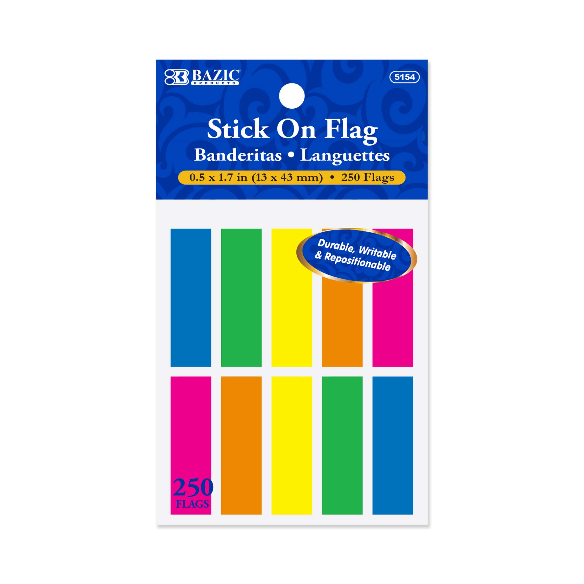 BAZIC Neon Page Markers 0.5x1.7 Inch - Bright Colored PET Index Tabs & Sticky Notes for Books, Files, Notebooks - Writable File Tab Flags (250 Flags/Pack, 288-Packs) - Perfect for Office, School, Study & Book Organization