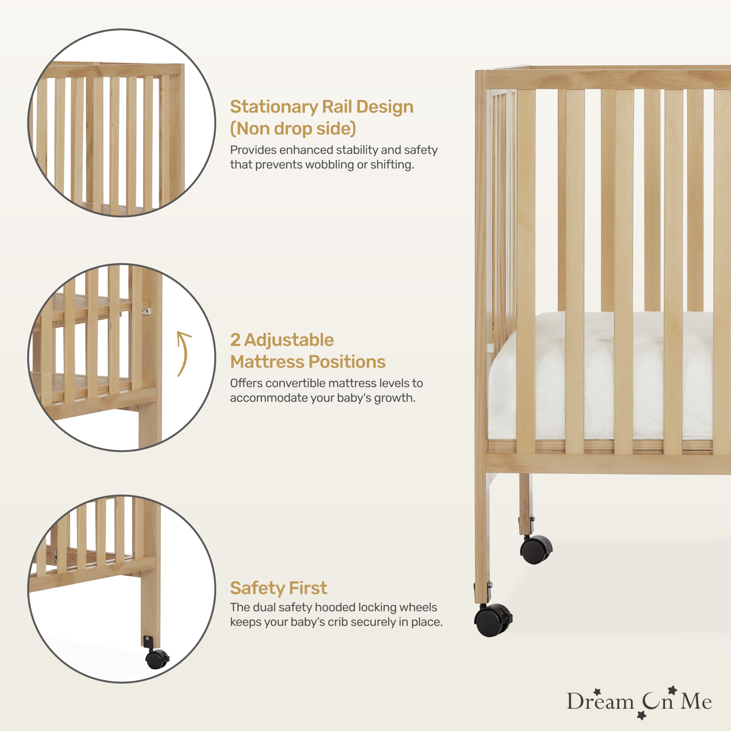Dream On Me Quinn Full-Size Folding Crib - Natural Wood Portable Baby Crib with Removable Wheels, Adjustable Mattress Support & Patented Folding System | Modern Nursery Furniture for Home, Travel & Daycare Use