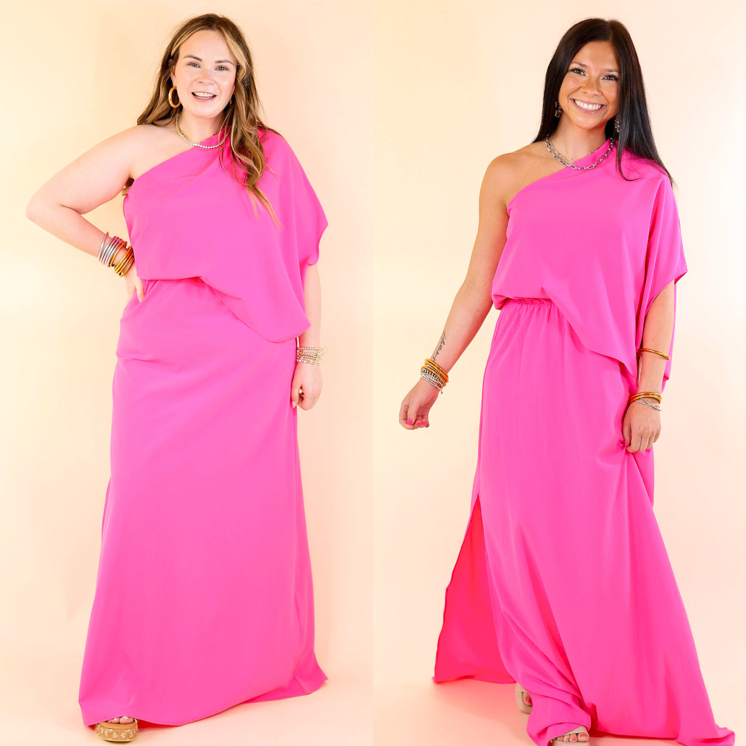 Elegant Fuchsia Pink One Shoulder Asymmetrical Maxi Dress for Women - Perfect for Weddings, Parties & Date Nights