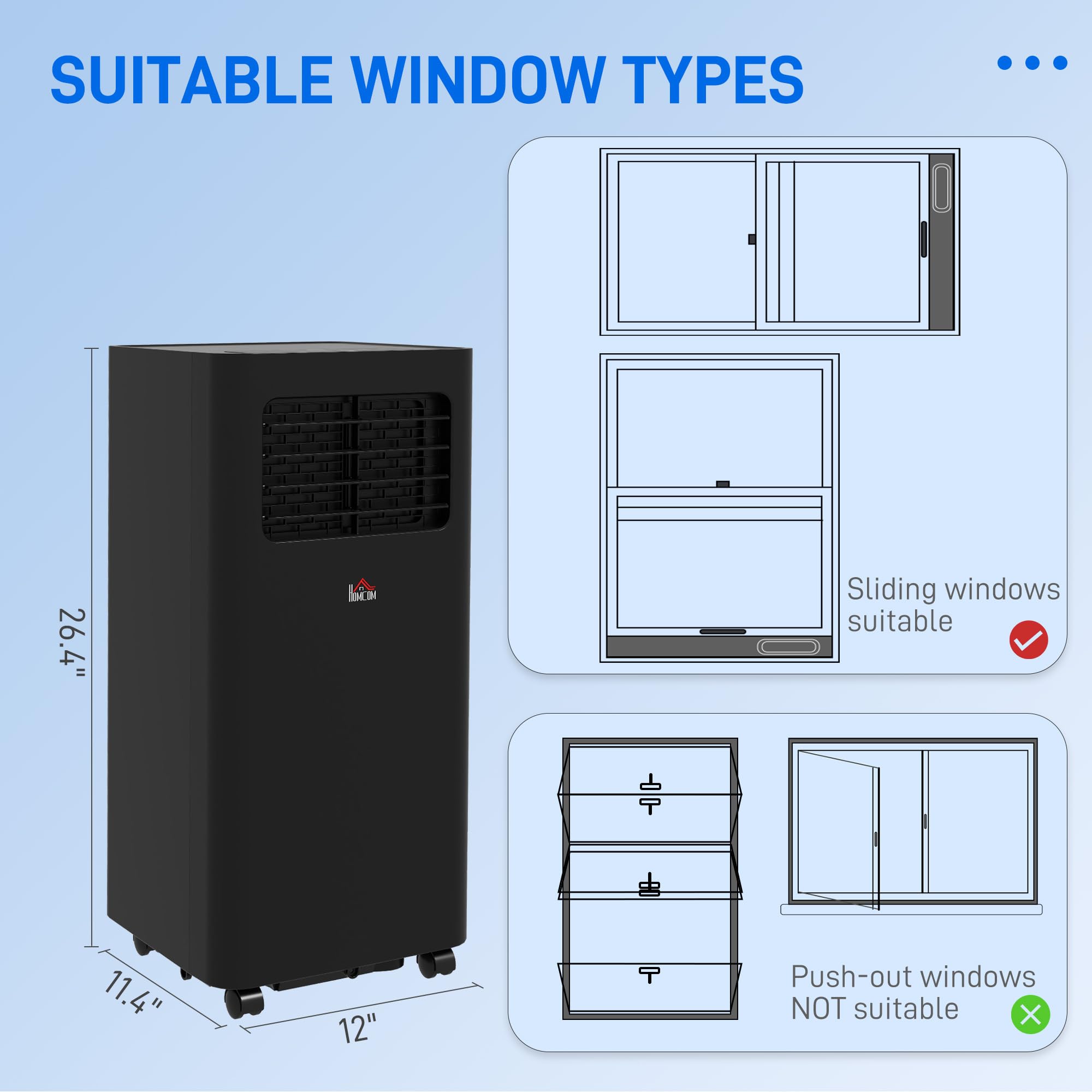 HOMCOM 8000 BTU Portable Air Conditioner for Rooms Up to 345 Sq. Ft - 3-in-1 AC Unit with Dehumidifier & Cooling Fan - Sleep Mode, Remote Control, 24H Timer - Window Installation Kit Included - Perfect for Bedrooms, Offices, and Small Spaces (Black)