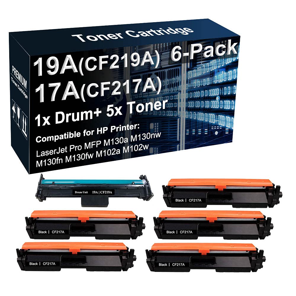 6-Pack (1x Drum + 5X Toner) Compatible CF219A 19A Laser Drum Unit & CF217A 17A Printer Cartridge for HP MFP M130a M130nw M102a M102w Printers - High Yield Black Toner for Office & Home Printing