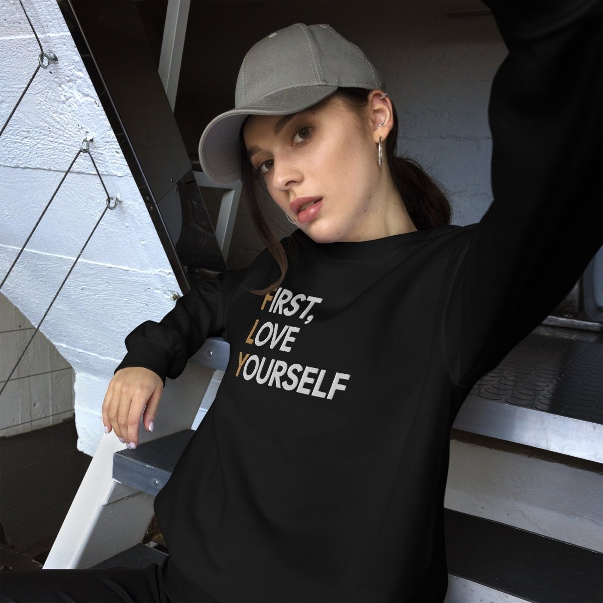 First Love Yourself Embroidered Unisex Sweatshirt - Trendy Couple Matching Outfits for Date Night & Casual Wear