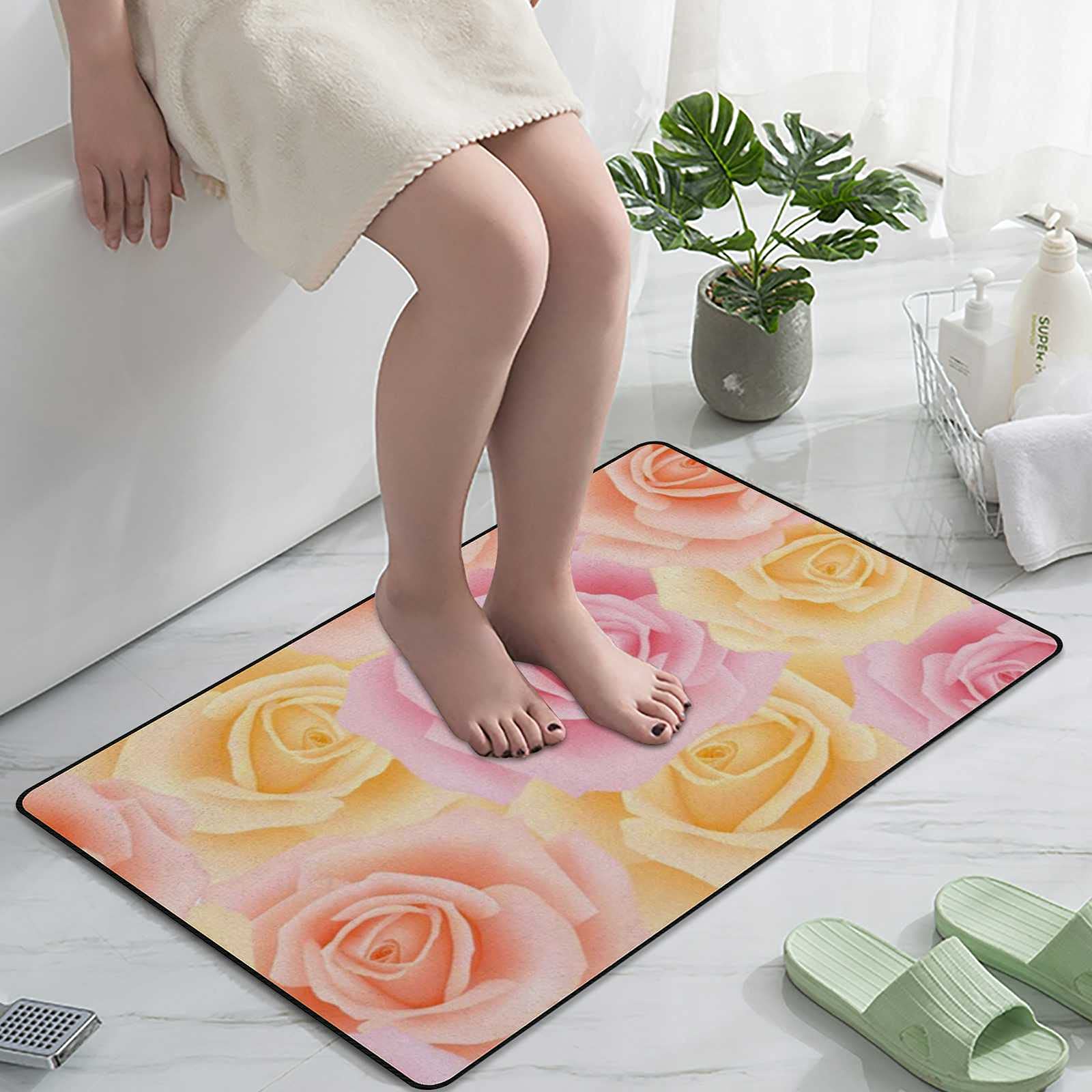 Non-Slip Bath Mat with Rose Flower Pattern - Super Absorbent Microfiber Velvet Bathroom Rug, Soft Shower Floor Carpet (36x24 Inches) - Perfect for Bathroom, Shower, Entryway and Front Door Decor