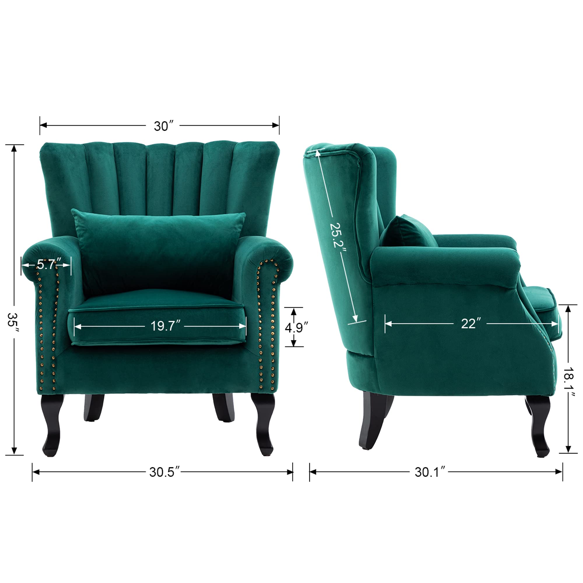Mid-Century Modern Accent Chair - Velvet Green Comfy Single Sofa with Channel Back & Pillow for Living Room, Bedroom, Club - Stylish Lounge Seating for Relaxing & Reading