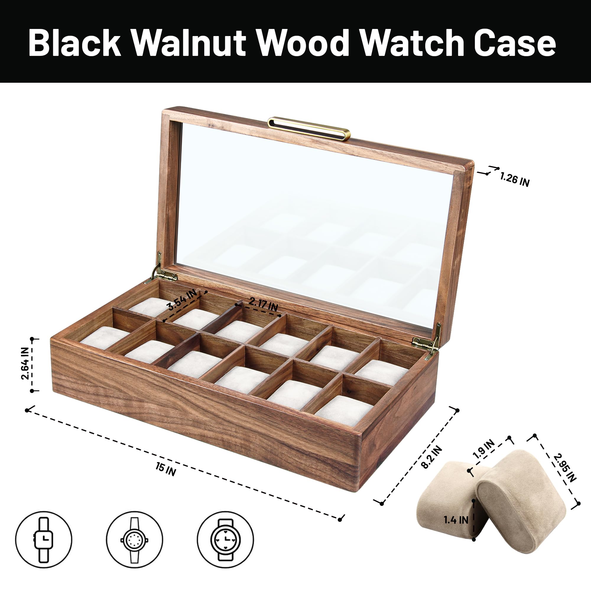 Premium Black Walnut Wood Watch Case for Men - 12-Slot Luxury Watch Box with Glass Lid & Soft Watch Pillows | Elegant Watch Holder, Display Case & Storage Organizer | Perfect for Watch Collectors, Gifts & Home Décor