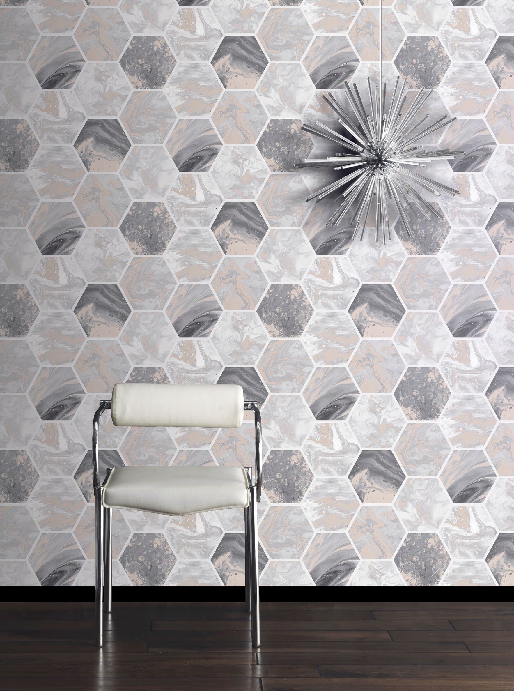 Arthouse Marbled Hex Charcoal and Rose Gold Peel and Stick Wallpaper - Self Adhesive Removable Wallpaper for Bedroom, Living Room, Kitchen, Bathroom, Office Decor