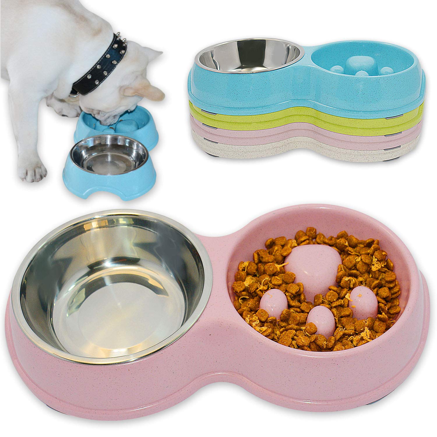 Stainless Steel Slow Feeder Dog Bowl for French Bulldogs - Interactive Pet Dish to Slow Down Eating, Eco-Friendly & Non-Slip - Perfect for Fast Eaters, Mealtime Enrichment & Portion Control (Pink)