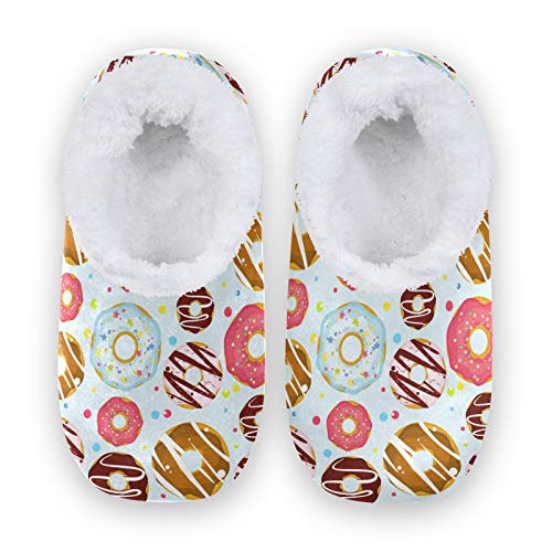**Cozy Donut Pattern Fleece House Slippers - Soft Indoor/Outdoor Fuzzy Slippers for Women, Men, Girls & Boys - Perfect for Home, Lounge & Winter Comfort**