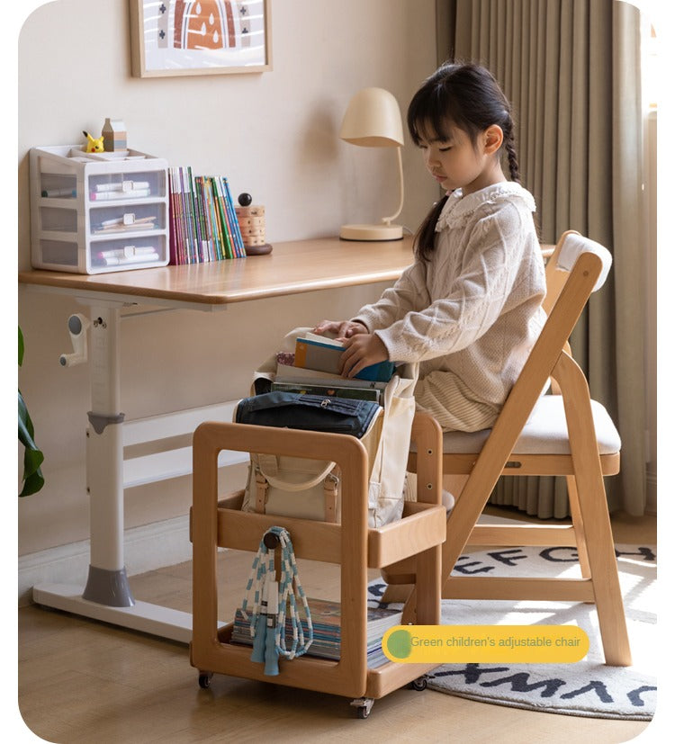 Solid Wood Beech & Rubber Kids Under Desk Mobile Storage Rack - Modern Organizer for Toys, Books & School Supplies in Bedroom or Playroom