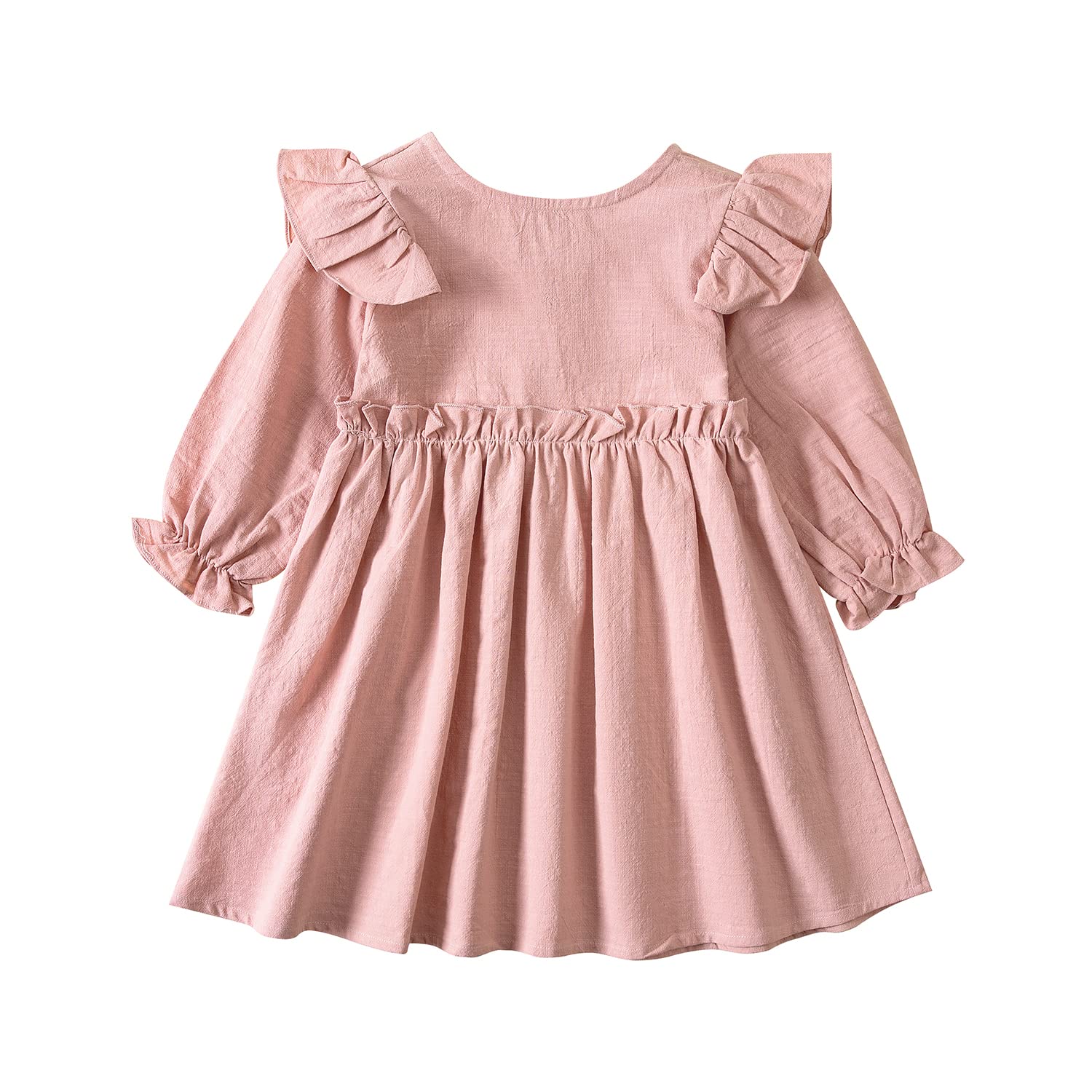 Goodplayer Toddler Girl Cotton Linen Dress - Long Sleeve Ruffle Fall Dress for Kids | Solid Color Casual Clothes for Playdates, School & Family Outings