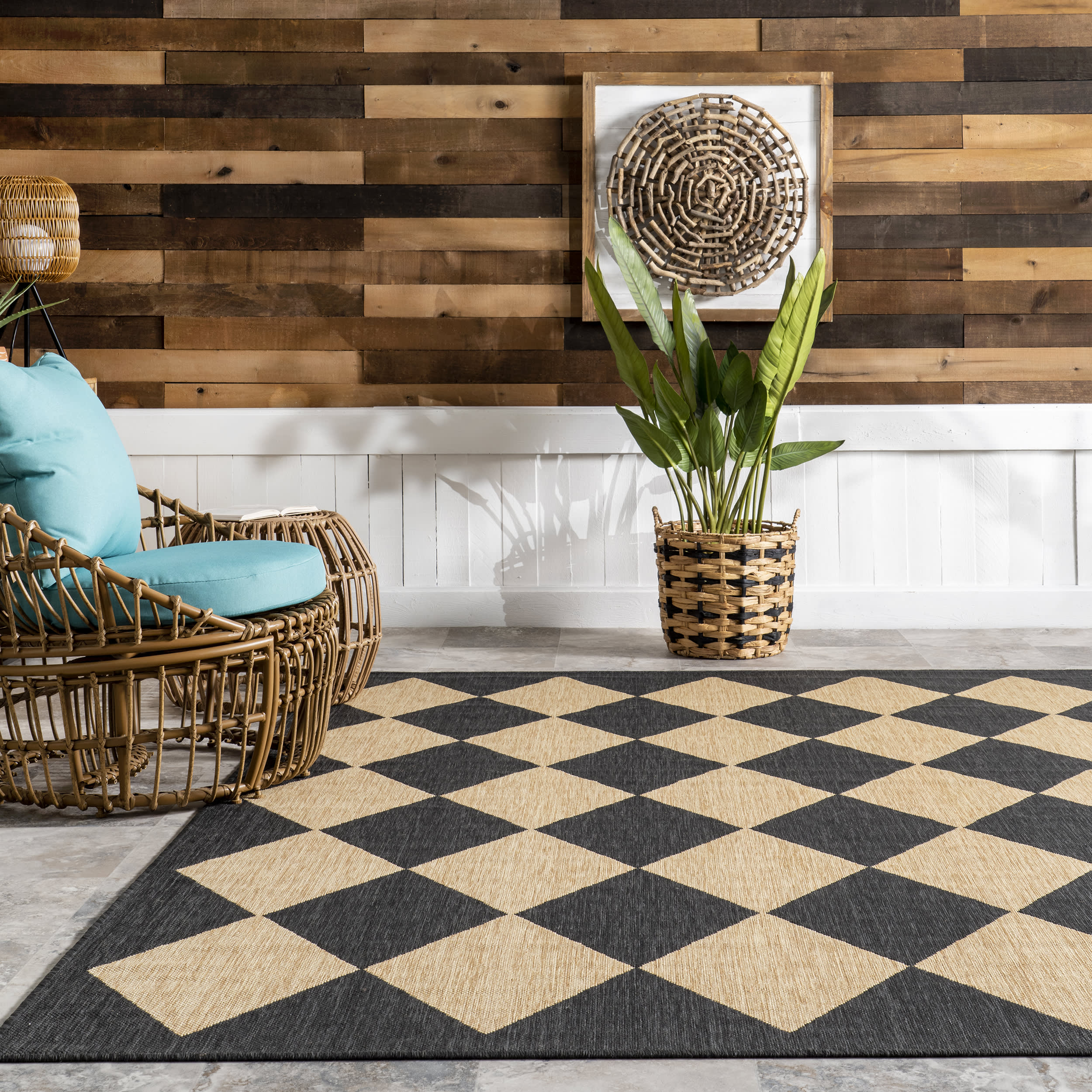 Adelaide Harlequin Indoor/Outdoor Rug - Dark Grey Non-Slip Area Carpet for Living Room, Bedroom, Patio | Waterproof & Durable Floor Mat