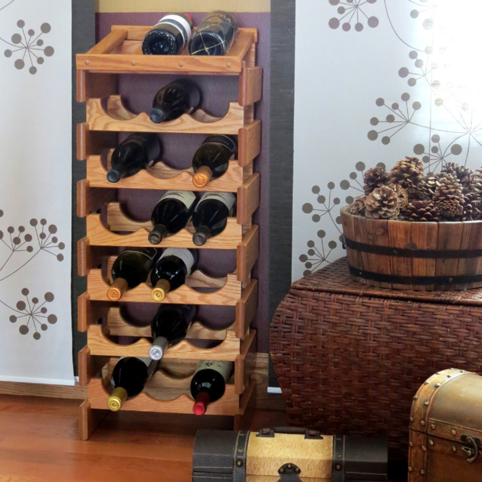 24-Bottle Wooden Wine Rack - Unfinished Dakota Display Top with Wooden Mallet | Perfect for Home Bars, Wine Cellars & Dining Room Decor