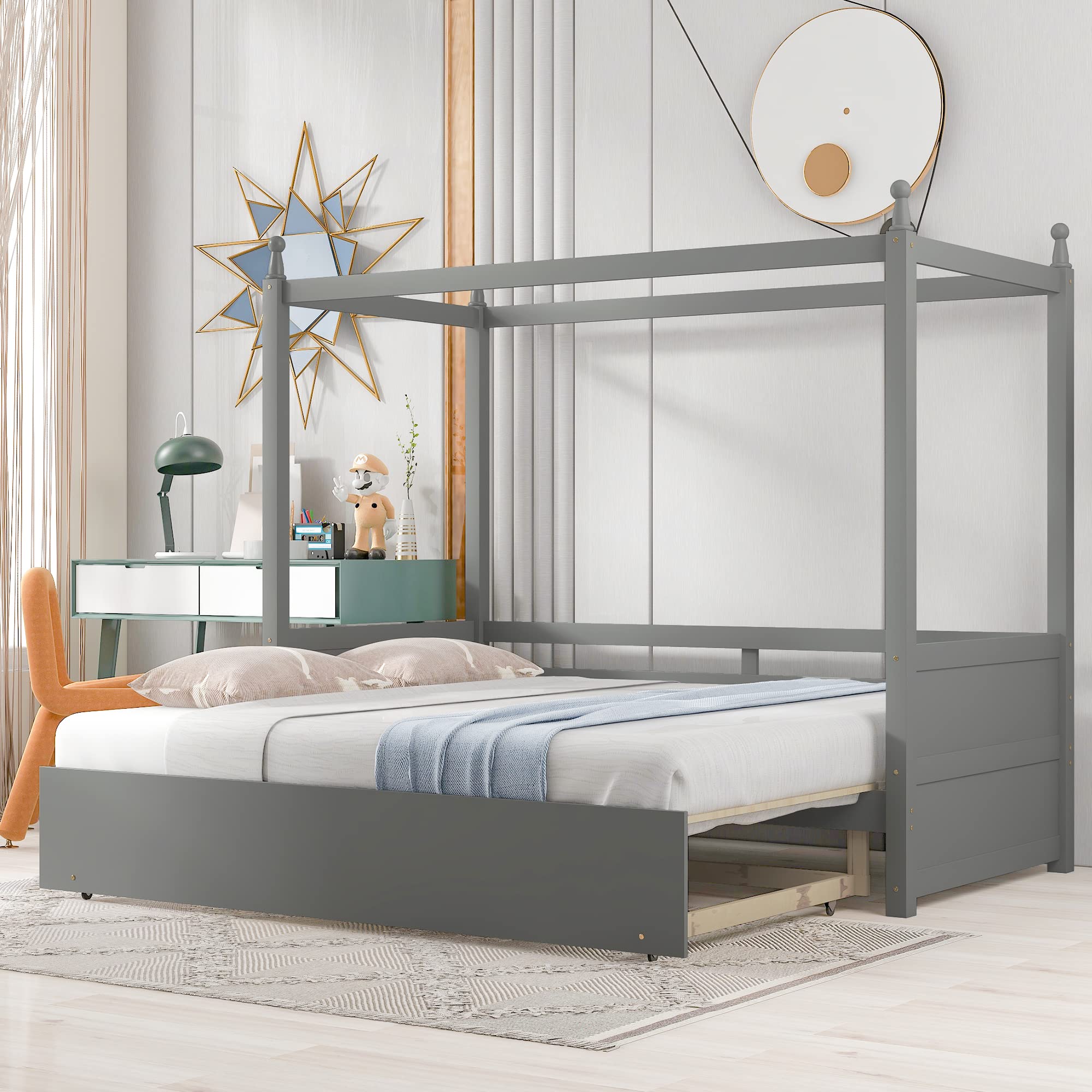Twin to King Canopy Bed - Convertible Wood Daybed with Pull-Out Trundle for Small Spaces | Perfect for Guest Rooms, Kids Rooms & Studio Apartments