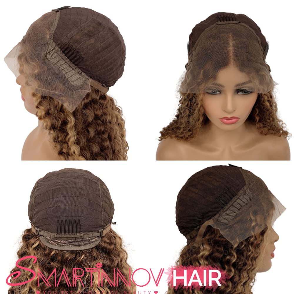 13x4 HD Lace Front Wigs 22 Inch Ombre Human Hair - Honey Blonde to Brown Deep Curly Water Wave 150% Density Virgin Hair for Women | Pre Plucked with Baby Hair, Bleached Knots, Glueless Wig | Perfect for Daily Wear, Cosplay, and Special Occasions
