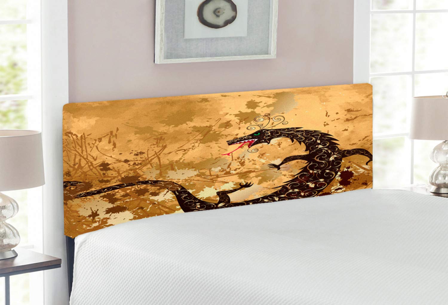 Ambesonne Dragon Headboard - Upholstered Decorative Metal Bed Frame with Memory Foam | Full Size Pale Caramel Sand Brown | Gothic Home Decor for Bedroom, Dorm & Game Room | Vintage Dragon & Floral Design for Fantasy Lovers
