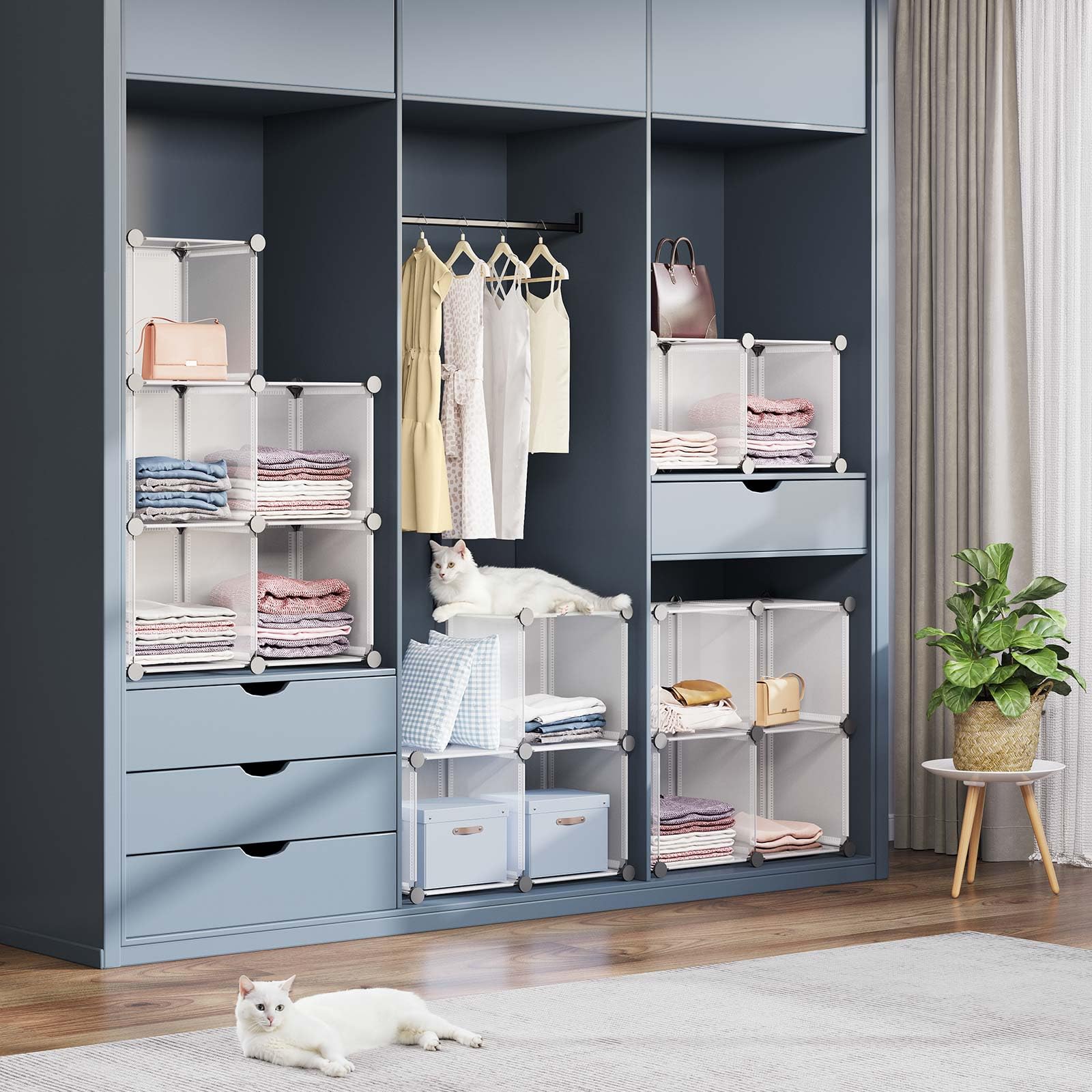 GREENSTELL 12-Cube Closet Organizer with Rubber Mallet - Portable Storage Shelves for Kids Clothes, Bedroom, Office - Transparent White | Space-Saving Wardrobe Solution for Small Rooms & Apartments