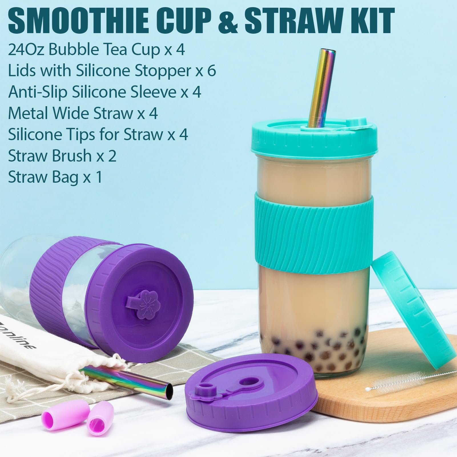 Reusable 24oz Glass Mason Jars with Lids & Straws - 4 Pack Wide Mouth Smoothie Cups with Silicone Sleeves - Leakproof Travel Tumbler for Bubble Tea, Cold Brew & Iced Coffee - Perfect for Home, Office & Outdoor Activities