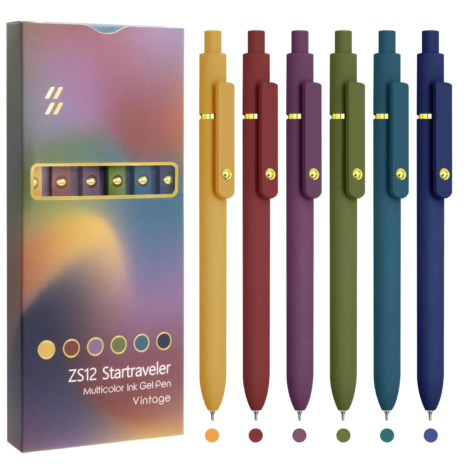 Vintage Gold Gel Pens Set of 6 - 0.5mm Fine Point Smooth Writing Colored Pens for Journaling, Note Taking & Office Work - Premium School & Office Supplies, Perfect Gift for Women & Students - Ideal for Bullet Journaling, Planner Decorating & Creative Writing