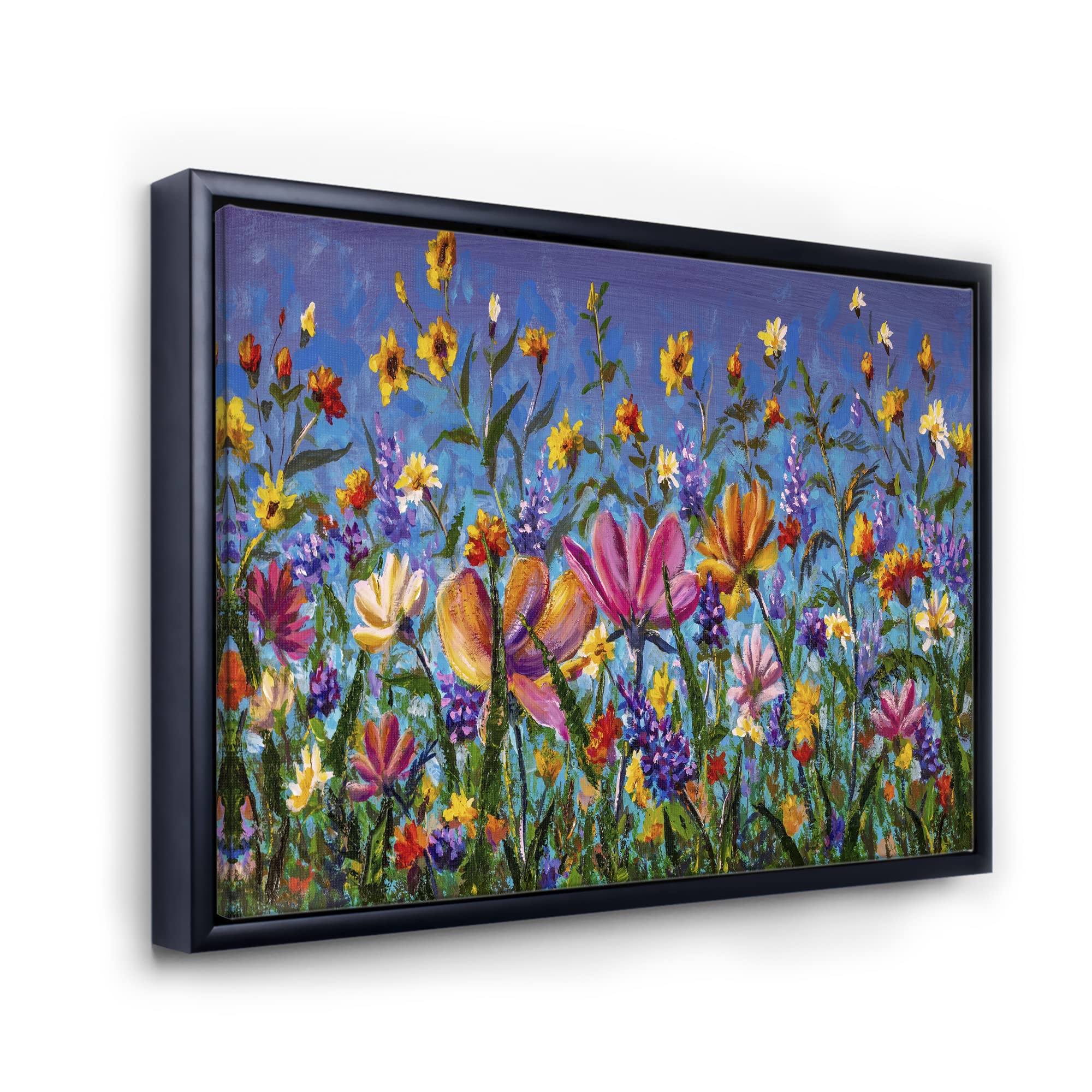 DesignQ Daisies and Wildflowers Summer Garden Canvas Wall Art Print - Traditional Framed Floral Painting for Living Room, Bedroom & Office Decor